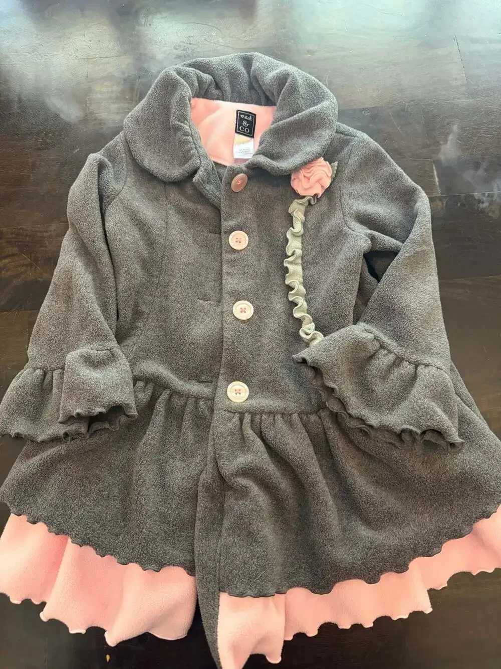 Mack & Co. Girls Gray Fleece Peplum Coat with Pink Ruffles and Flowers, Size 6
